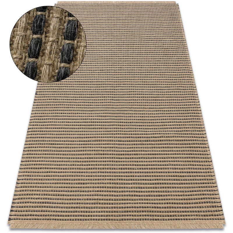 foto del prodotto tappeto juta 3652 linee noir beige un colore juta, tessitura piatta, frange beige 60x100 cm