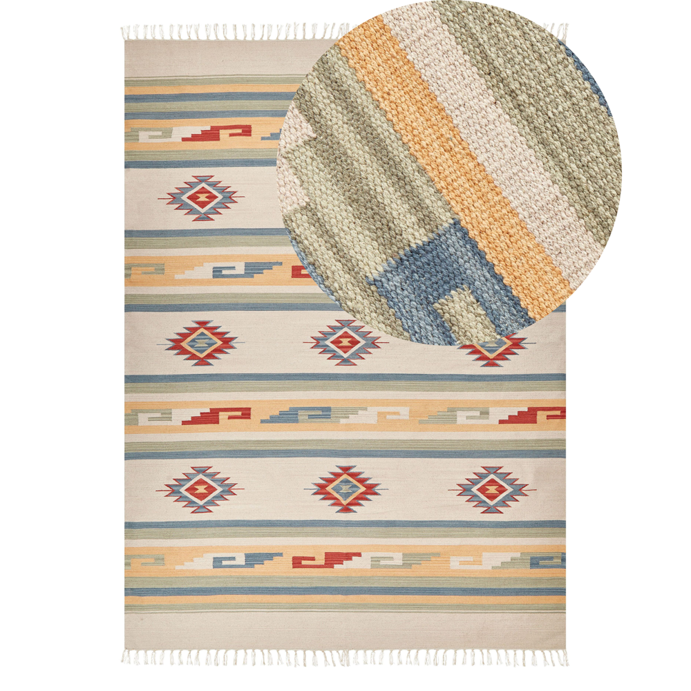 foto del prodotto tappeto kilim beige e marrone cotone 140 x 200 cm tagliato a navetta tessuto a mano pavimento parete tappeto simboli geometrici motivo reversibile frange