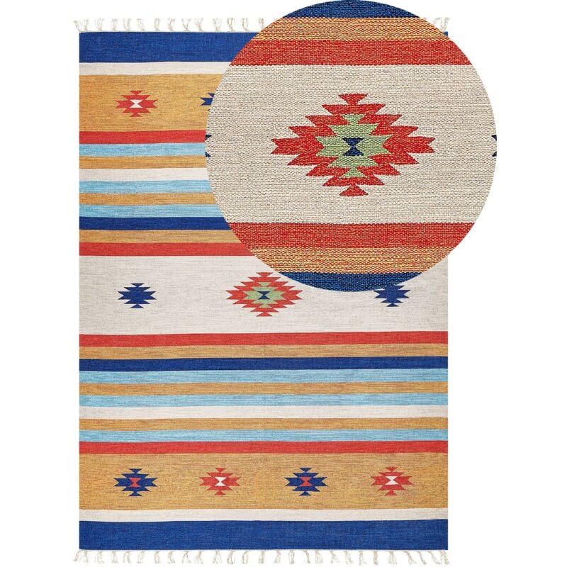 foto del prodotto tappeto kilim in cotone intrecciato a mano con motivo geometrico reversibile e nappe 140 x 200 cm multicolore soggiorno camera da letto