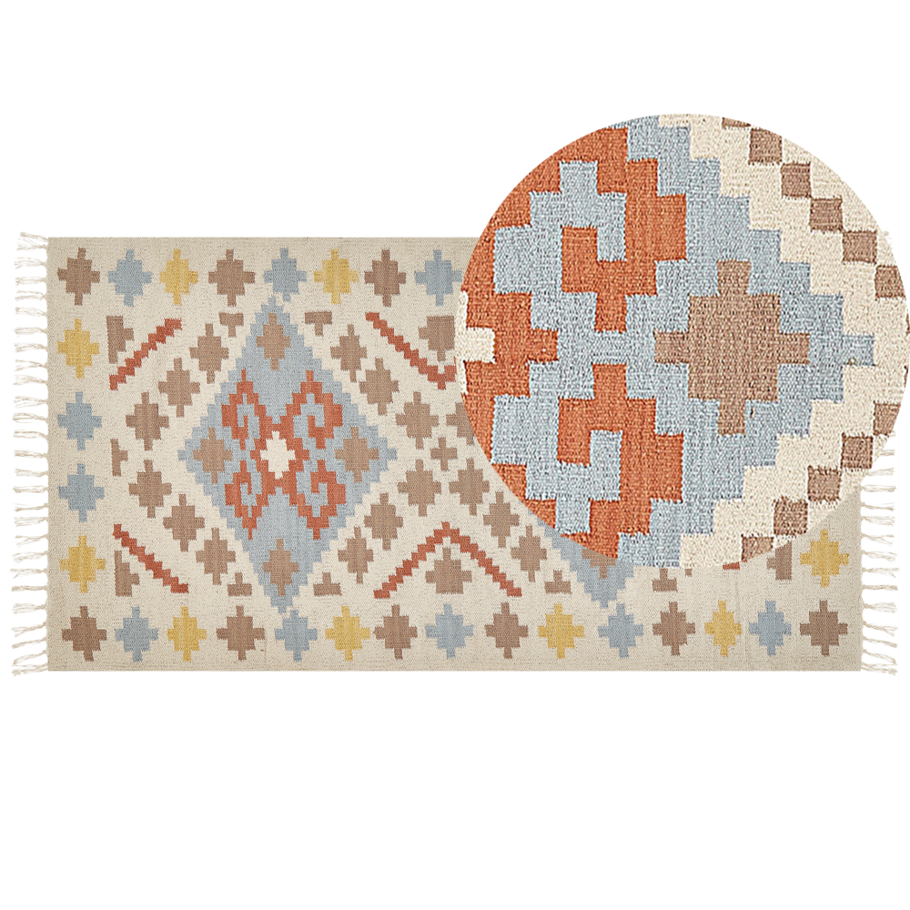 foto del prodotto tappeto kilim in cotone multicolore 80 x 150 cm a pelo basso con motivi geometrici e frange rettangolare tradizionale