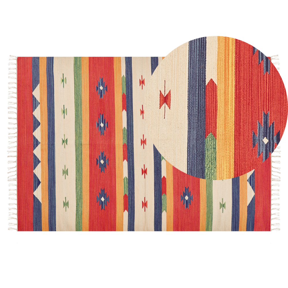 foto del prodotto tappeto kilim in cotone rosso beige con nappe 140 x 200 cm soggiorno camera da letto