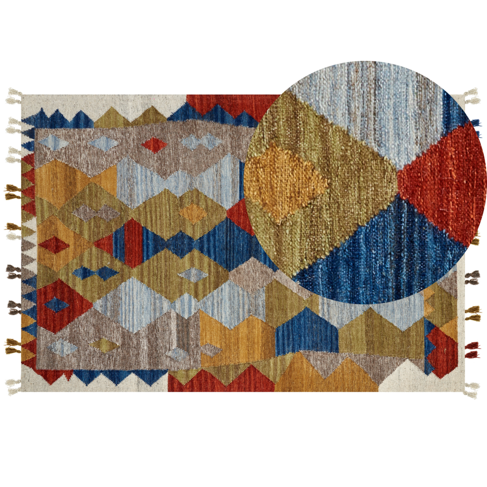 foto del prodotto tappeto kilim in lana multicolore a mano patchwork nappe 200 x 300 cm soggiorno camera da letto