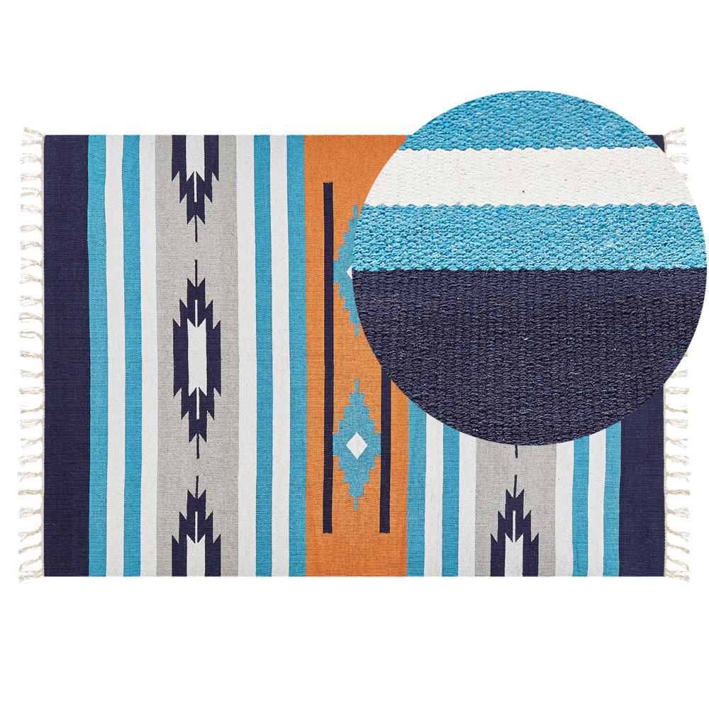 foto del prodotto tappeto kilim multicolore in cotone 140 x 200 cm tessuto a mano a trama piatta reversibile con motivi geometrici e frange, tradizionale boho, per il soggiorno e la camera da letto.