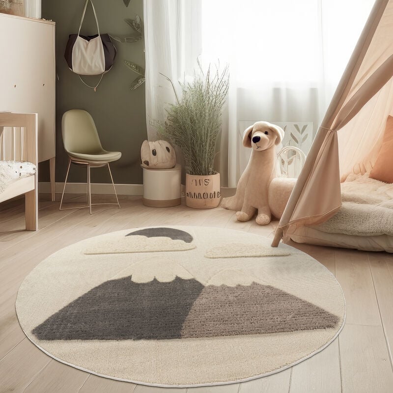 foto del prodotto tappeto moderno per cameretta bambino tappeto da gioco morbido effetto 3d toni naturali 160 cm tondo, crema 2 paco home