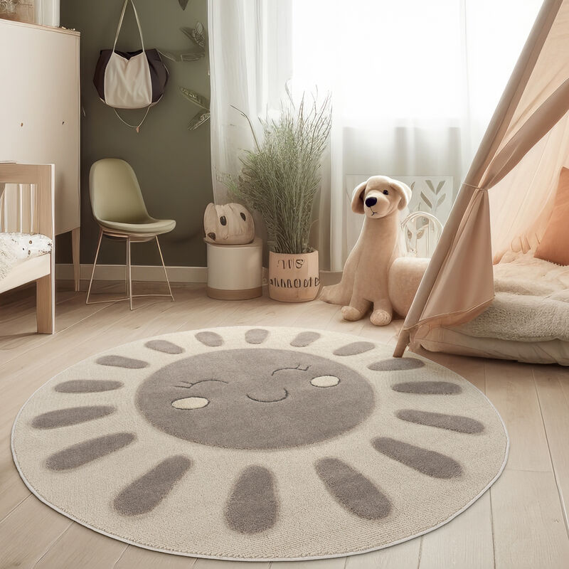 foto del prodotto tappeto moderno per cameretta bambino tappeto da gioco morbido effetto 3d toni naturali 160 cm tondo, crema 3 paco home