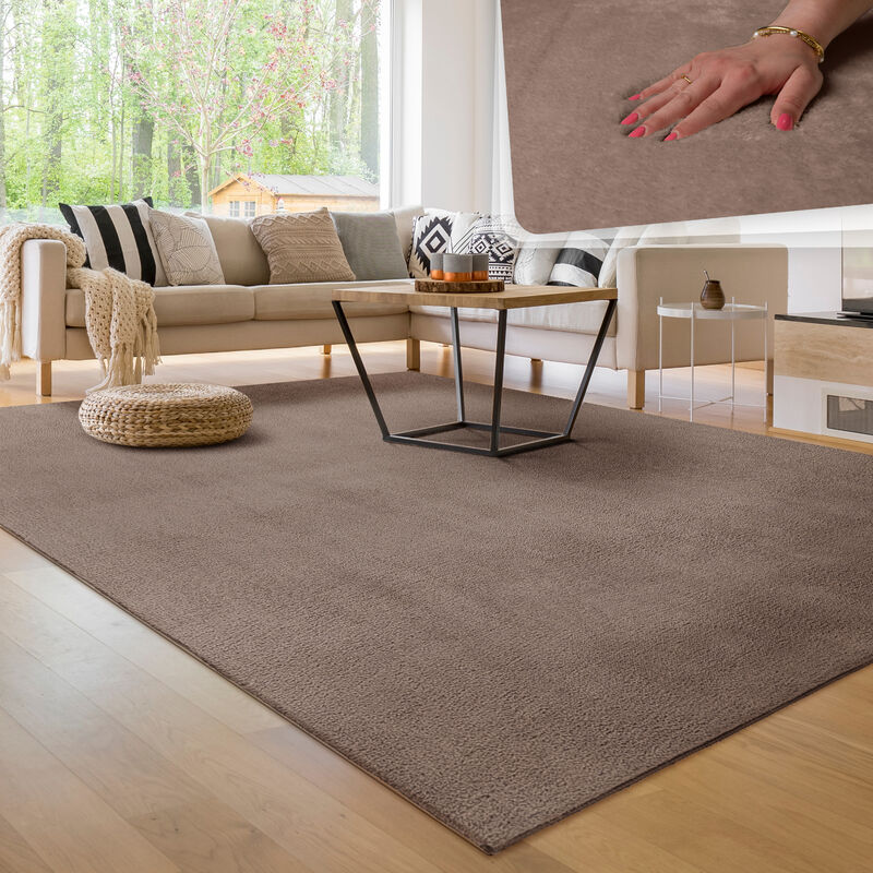 foto del prodotto tappeto moderno per soggiorno a pelo corto lavabile morbido uni effetto pelliccia antiscivolo 140x200 cm, taupe paco home