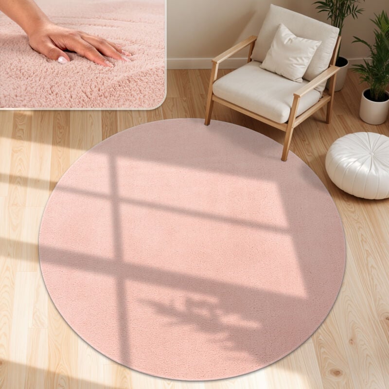 foto del prodotto tappeto moderno per soggiorno a pelo corto lavabile morbido uni effetto pelliccia antiscivolo 160 cm tondo, rosa paco home