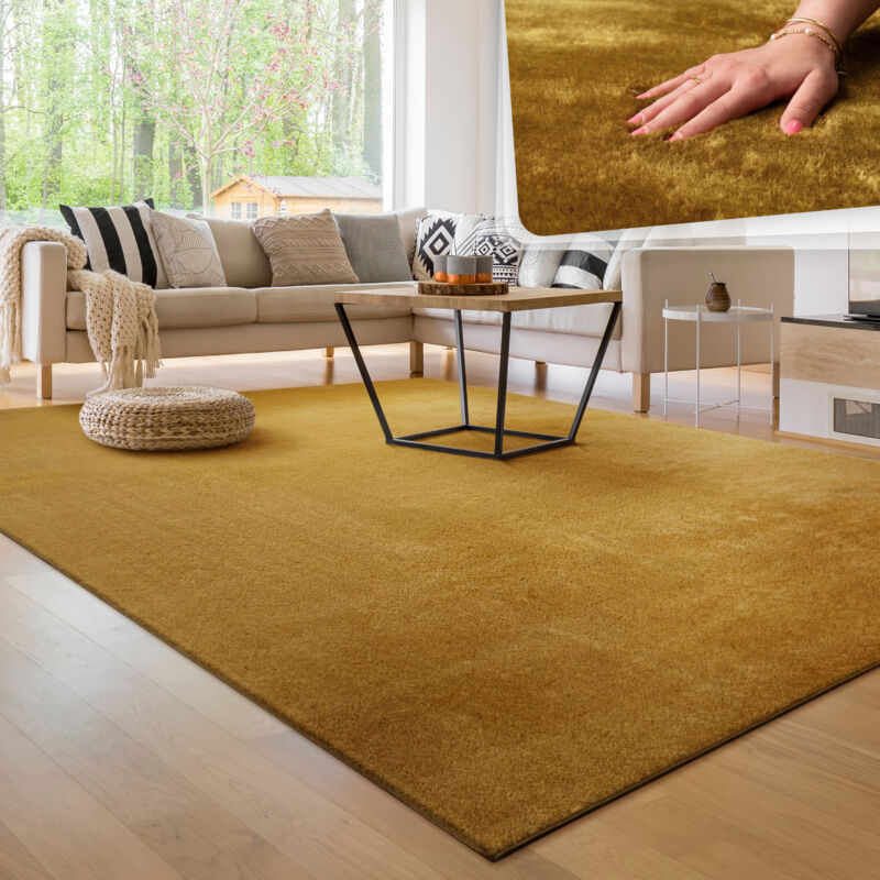 foto del prodotto tappeto moderno per soggiorno a pelo corto lavabile morbido uni effetto pelliccia antiscivolo 160x220 cm, giallo paco home
