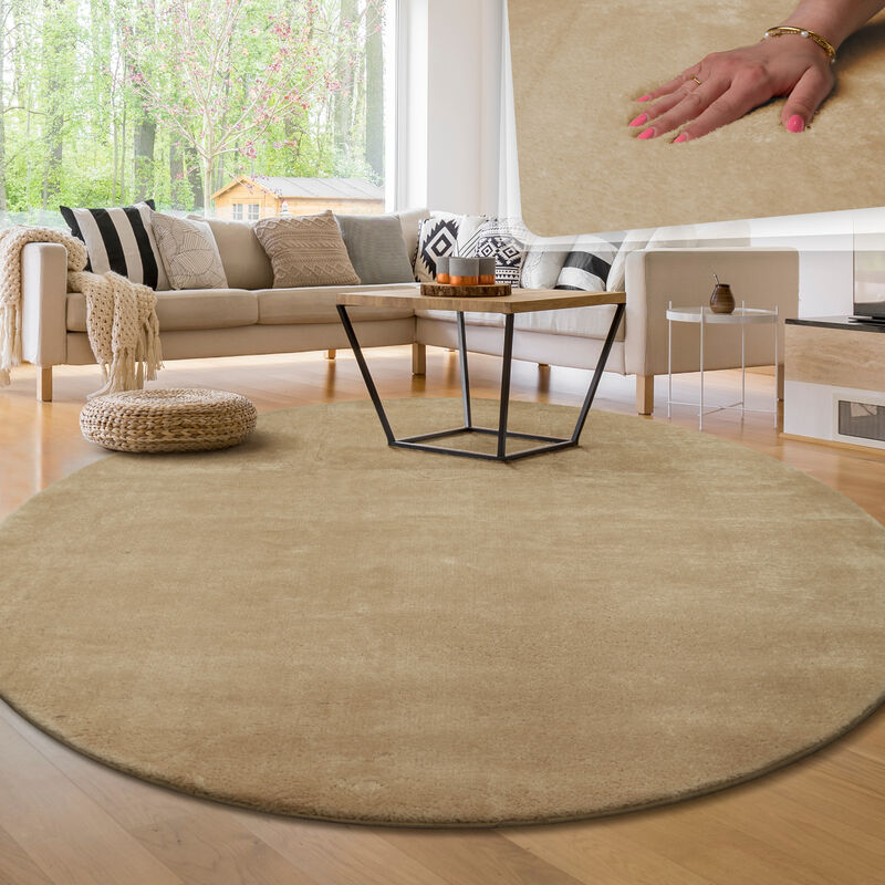 foto del prodotto tappeto moderno per soggiorno a pelo corto lavabile morbido uni effetto pelliccia antiscivolo 200 cm tondo, beige 2 paco home