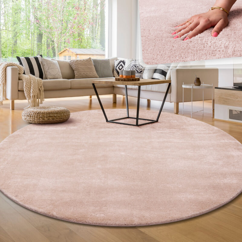 foto del prodotto tappeto moderno per soggiorno a pelo corto lavabile morbido uni effetto pelliccia antiscivolo 200 cm tondo, rosa paco home