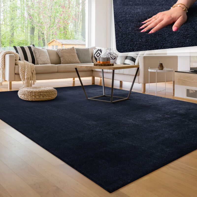 foto del prodotto tappeto moderno per soggiorno a pelo corto lavabile morbido uni effetto pelliccia antiscivolo 80x150 cm, navy blu paco home