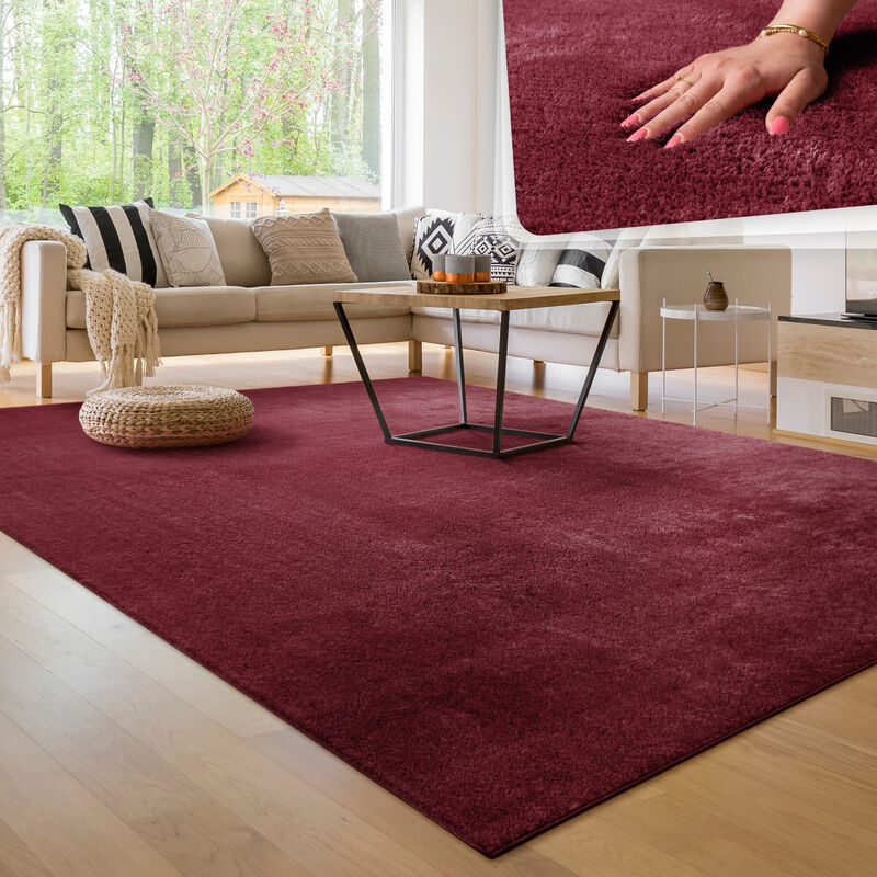 foto del prodotto tappeto moderno per soggiorno a pelo corto lavabile morbido uni effetto pelliccia antiscivolo 80x150 cm, rosso paco home