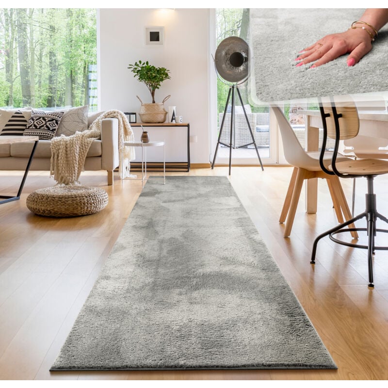 foto del prodotto tappeto moderno per soggiorno a pelo corto lavabile morbido uni effetto pelliccia antiscivolo 80x300 cm, argento paco home