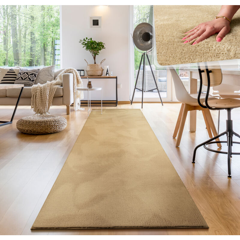 foto del prodotto tappeto moderno per soggiorno a pelo corto lavabile morbido uni effetto pelliccia antiscivolo 80x300 cm, beige paco home