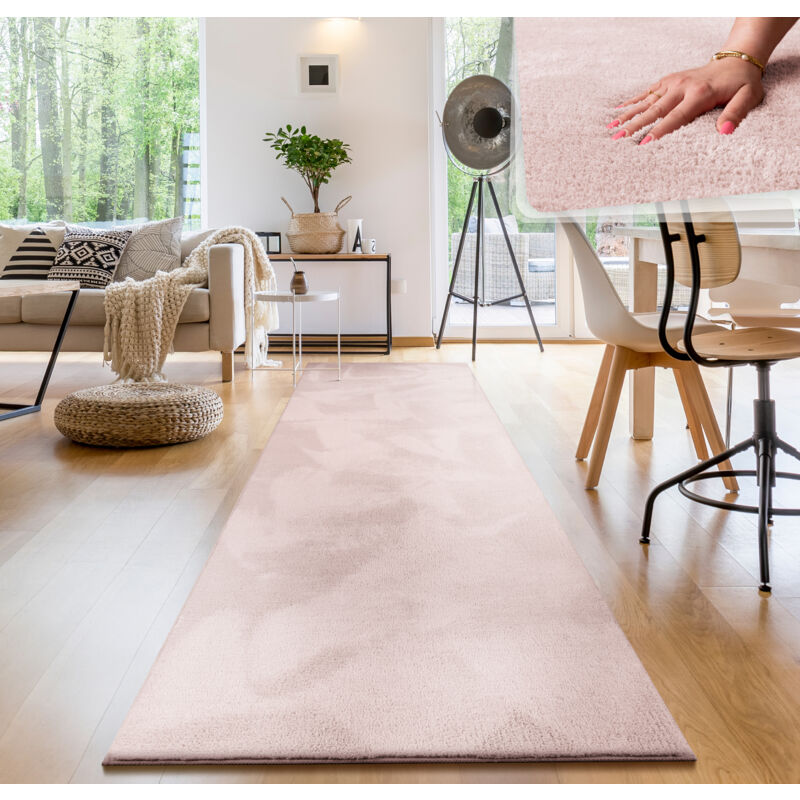 foto del prodotto tappeto moderno per soggiorno a pelo corto lavabile morbido uni effetto pelliccia antiscivolo 80x300 cm, rosa paco home