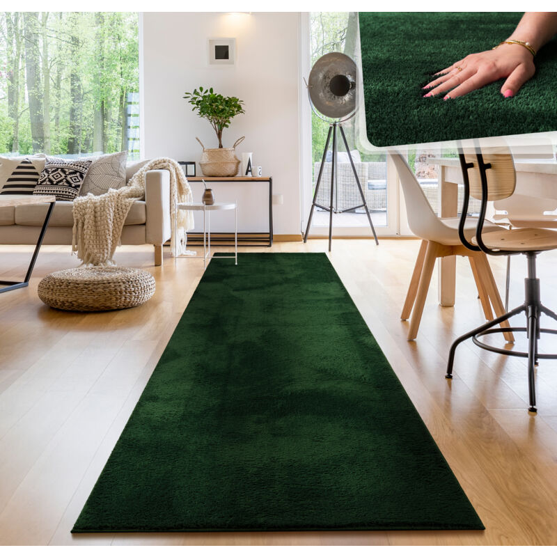 foto del prodotto tappeto moderno per soggiorno a pelo corto lavabile morbido uni effetto pelliccia antiscivolo 80x300 cm, verde paco home