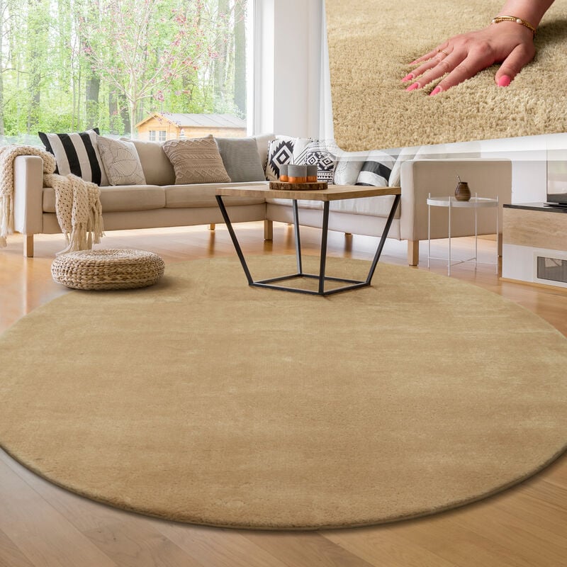 foto del prodotto tappeto moderno per soggiorno a pelo corto lavabile morbido uni effetto pelliccia antiscivolo beige, 200 cm tondo paco home