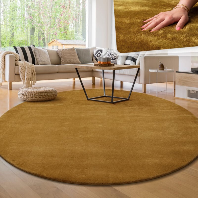 foto del prodotto tappeto moderno per soggiorno a pelo corto lavabile morbido uni effetto pelliccia antiscivolo giallo, 80 cm tondo paco home