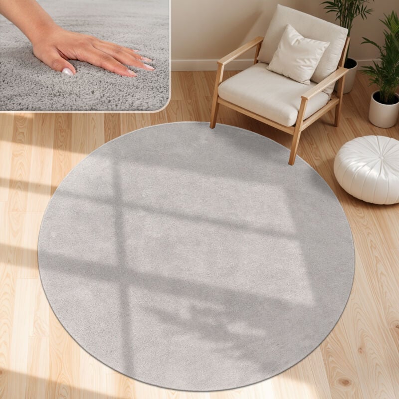 foto del prodotto tappeto moderno per soggiorno a pelo corto lavabile morbido uni effetto pelliccia antiscivolo grigio, 160 cm tondo paco home