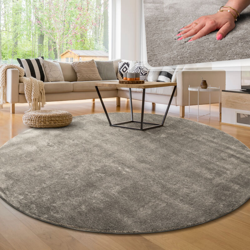 foto del prodotto tappeto moderno per soggiorno a pelo corto lavabile morbido uni effetto pelliccia antiscivolo grigio, 200 cm tondo paco home