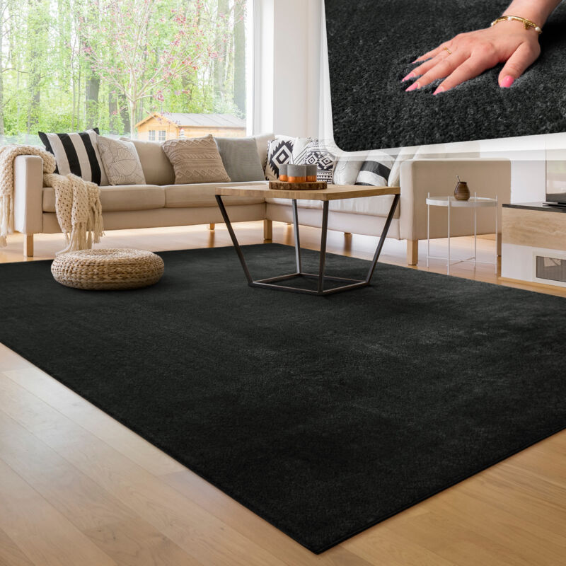 foto del prodotto tappeto moderno per soggiorno a pelo corto lavabile morbido uni effetto pelliccia antiscivolo nero, 100x200 cm paco home