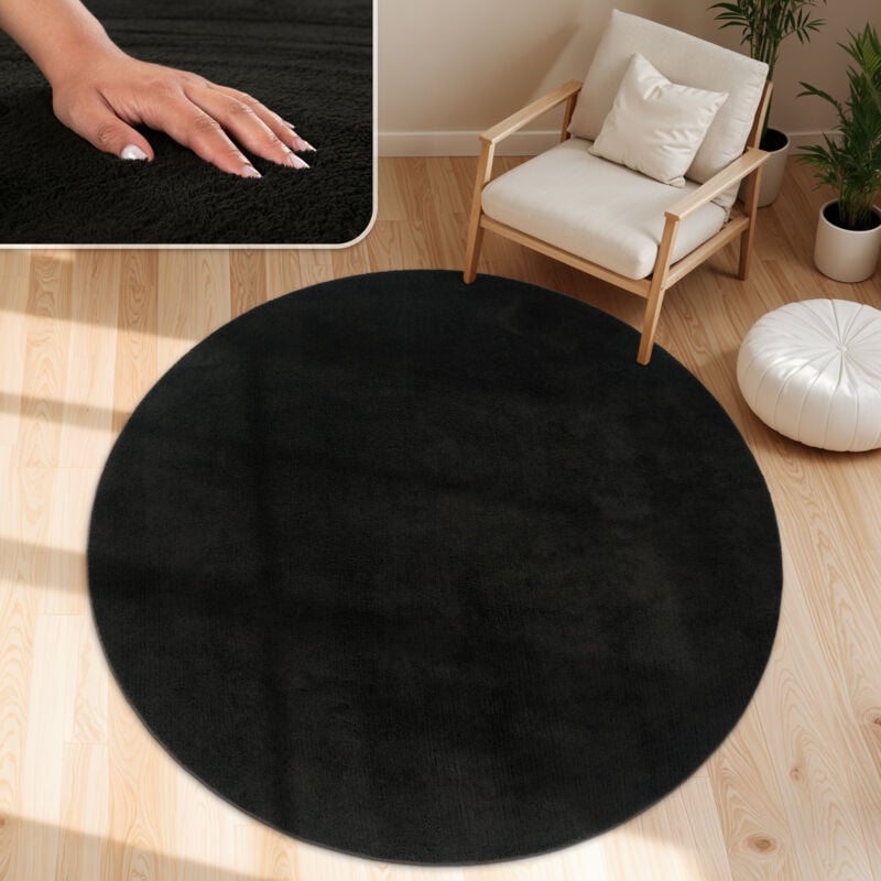 foto del prodotto tappeto moderno per soggiorno a pelo corto lavabile morbido uni effetto pelliccia antiscivolo nero, 120 cm tondo paco home