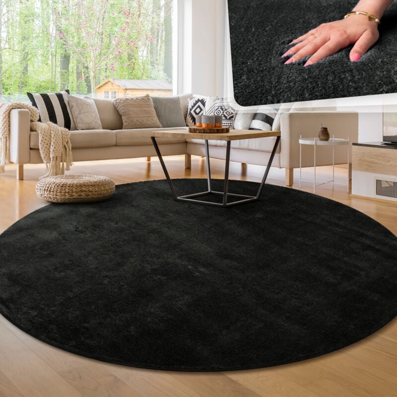 foto del prodotto tappeto moderno per soggiorno a pelo corto lavabile morbido uni effetto pelliccia antiscivolo nero, 160 cm tondo paco home