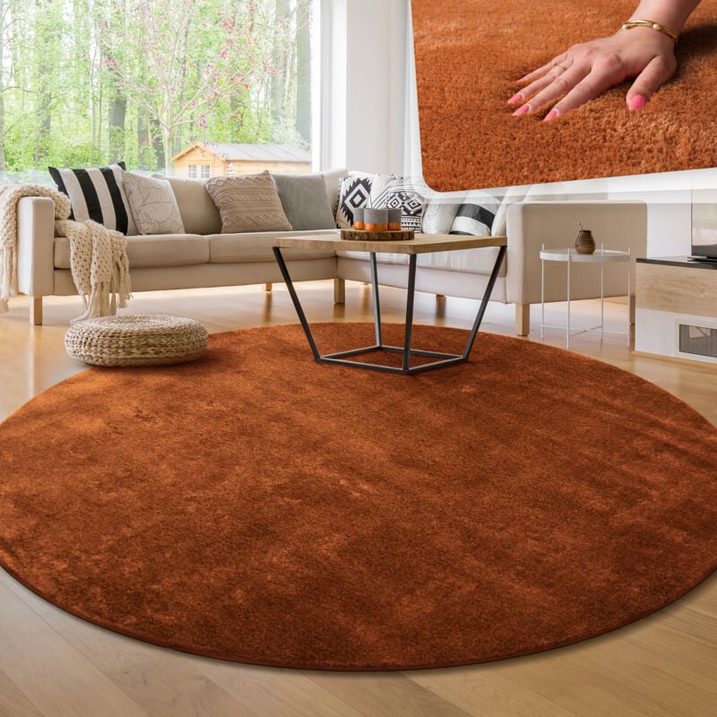 foto del prodotto tappeto moderno per soggiorno a pelo corto lavabile morbido uni effetto pelliccia antiscivolo rame, 200 cm tondo paco home