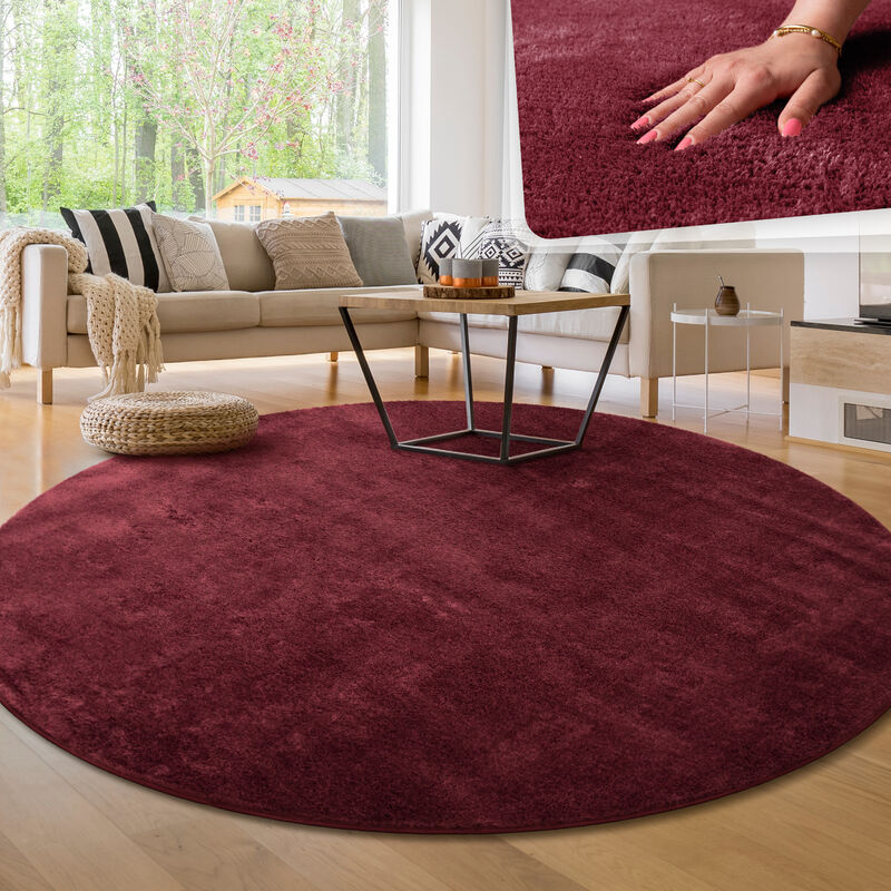 foto del prodotto tappeto moderno per soggiorno a pelo corto lavabile morbido uni effetto pelliccia antiscivolo rosso, 200 cm tondo paco home