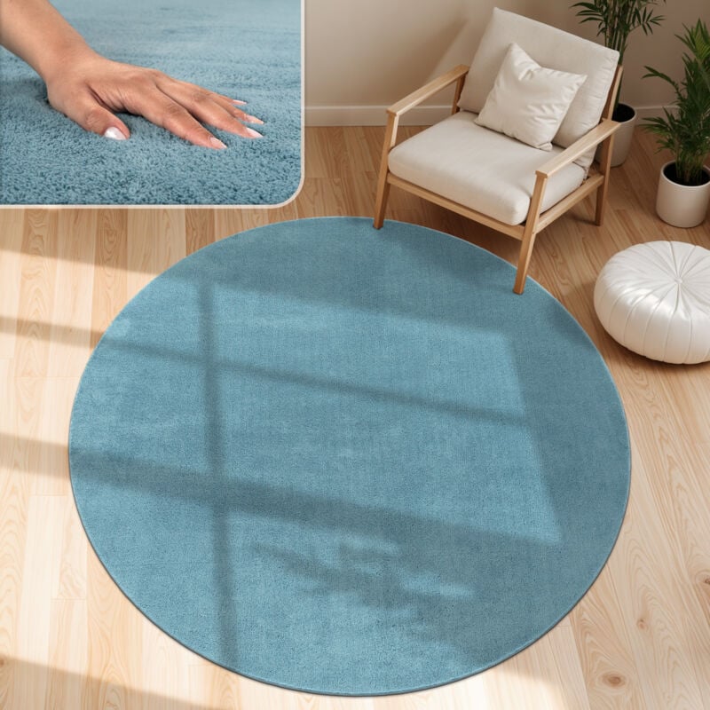 foto del prodotto tappeto moderno per soggiorno a pelo corto lavabile morbido uni effetto pelliccia antiscivolo turchese, ø 120 cm tondo - paco home