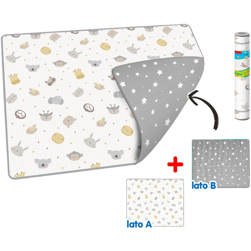 foto del prodotto tappeto morbido per bambini 200x150 cm arrotolabile doppia grafica animali e stelline multicolore