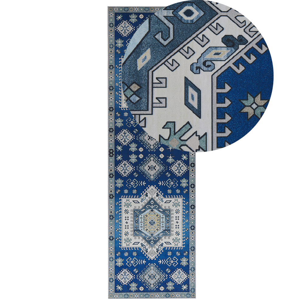 foto del prodotto tappeto passatoia blu poliestere 60 x 200 cm motivo geometrico fondo antiscivolo corridoio moderno