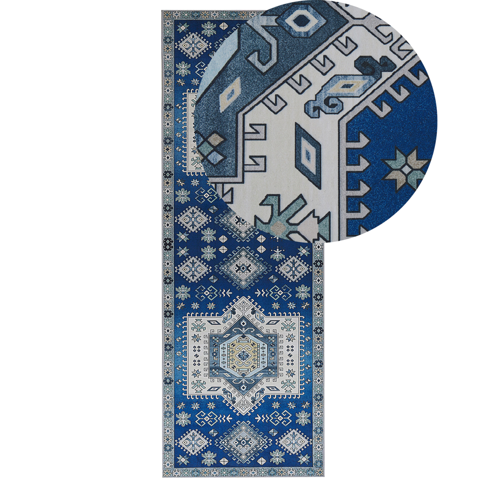 foto del prodotto tappeto passatoia blu poliestere 70 x 200 cm motivo geometrico fondo antiscivolo corridoio moderno
