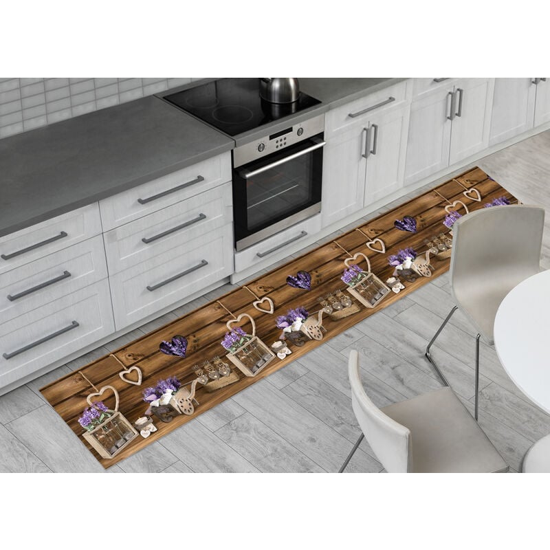 foto del prodotto tappeto passatoia cucina antiscivolo stampa digitale dis. lavanda cuor carretto, misura50x230colorelavanda