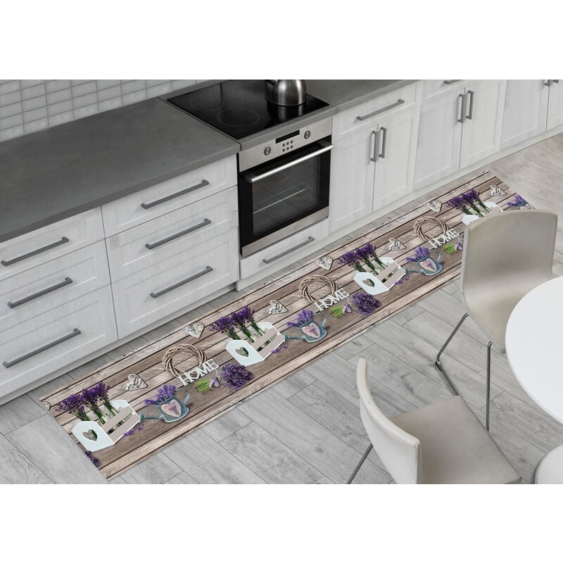 foto del prodotto tappeto passatoia cucina antiscivolo stampa digitale disegno lavanda legno, misura50x90colorelavanda