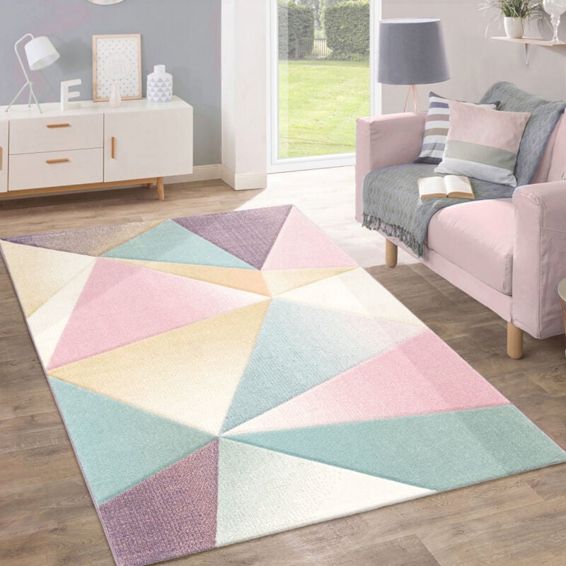 foto del prodotto tappeto pelo corto moderno alla moda pastello design geometrico multicolore 70x250 cm paco home