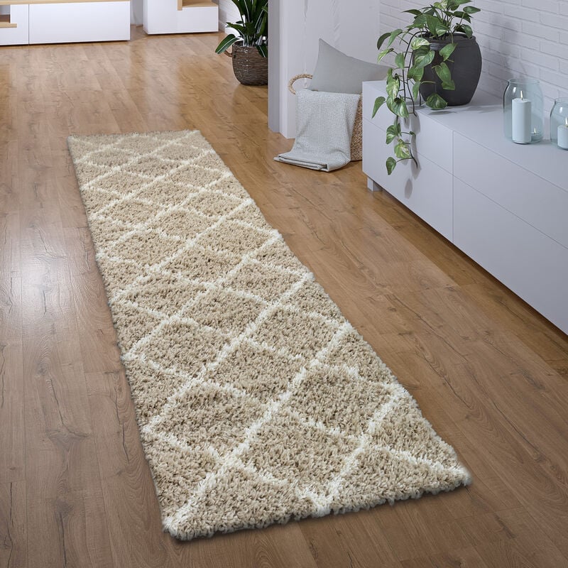 foto del prodotto tappeto pelo lungo corridoio camera da letto moderno motivo diamante scandi 80x300 cm, beige paco home