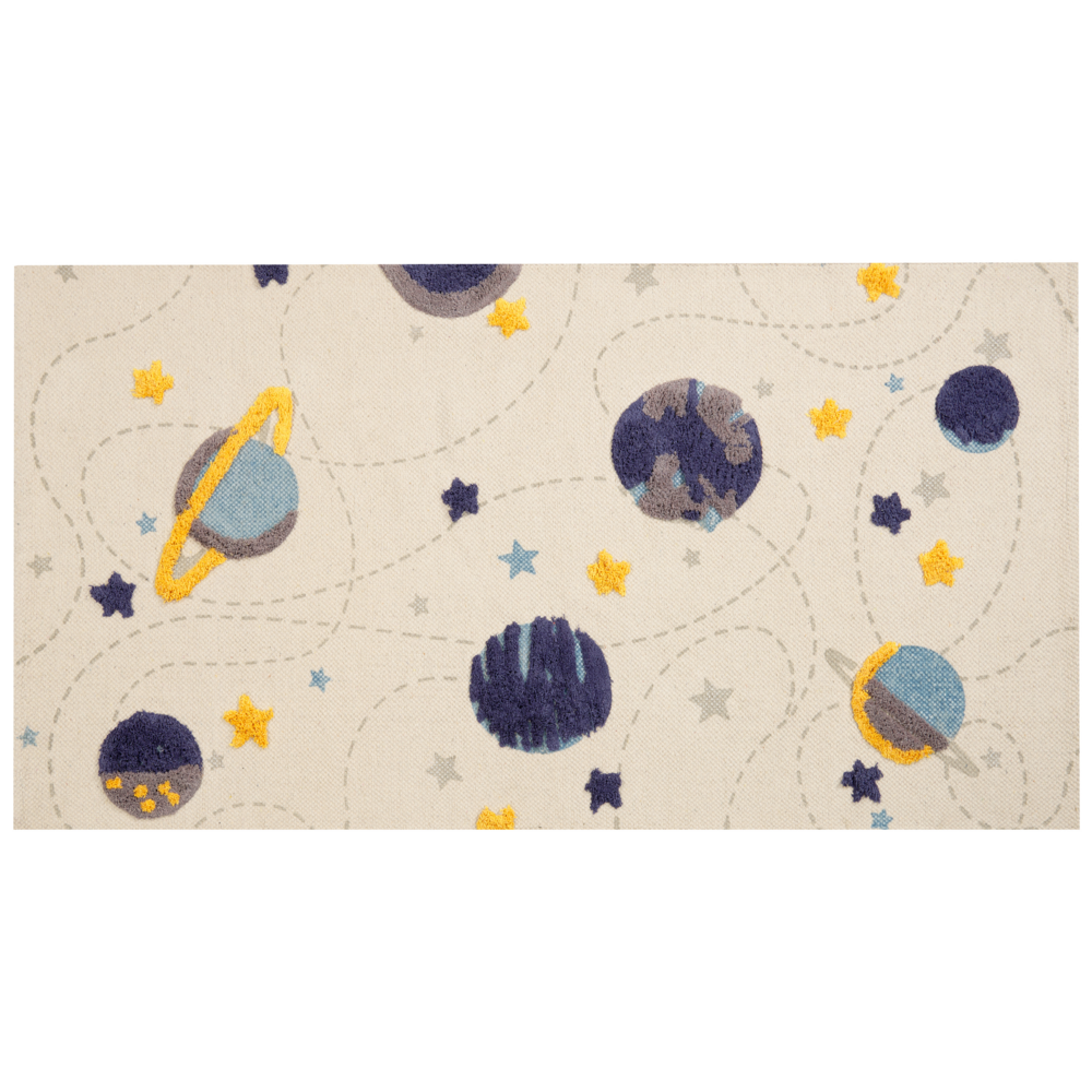 foto del prodotto tappeto per aree multicolore con stampa di stelle e pianeti 80 x 150 cm, per la sala giochi dei bambini.