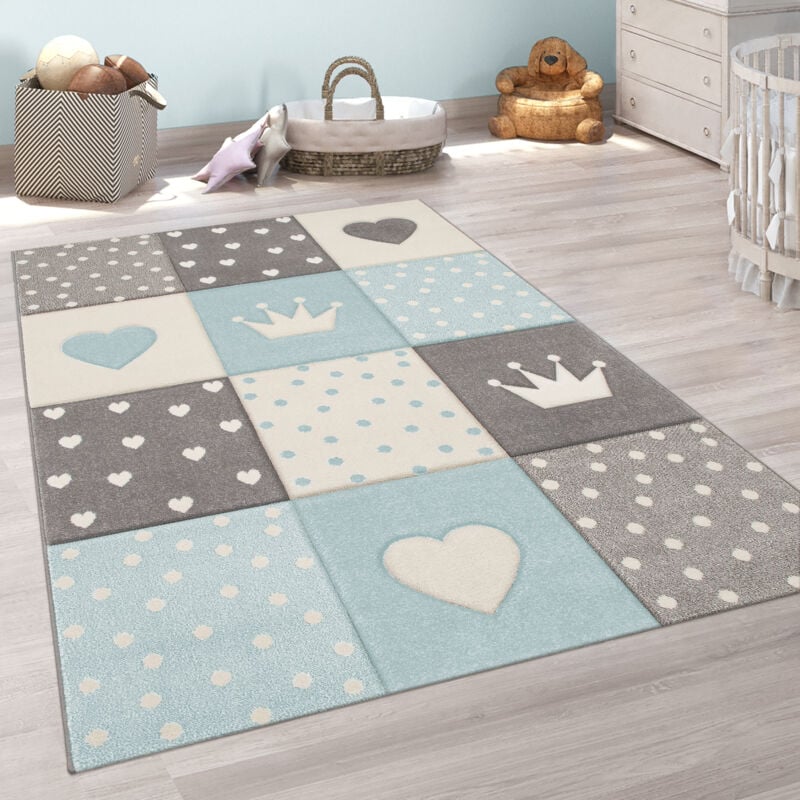 foto del prodotto tappeto per bambini cameretta a quadri punti cuori stelle pastello blu grigio 120 cm tondo paco home