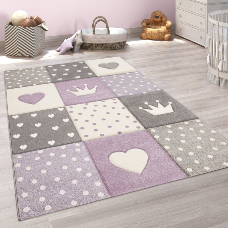 foto del prodotto tappeto per bambini cameretta a quadri punti cuori stelle pastello viola grigio 140x200 cm paco home