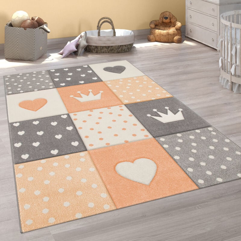 foto del prodotto tappeto per bambini cameretta quadri punti cuori stelle pastello albicocca grigio 80x150 cm paco home