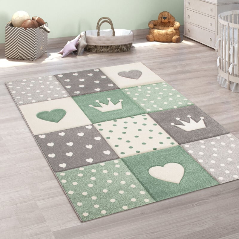 foto del prodotto tappeto per bambini cameretta quadri punti cuori stelle pastello verde grigio 200 cm tondo paco home
