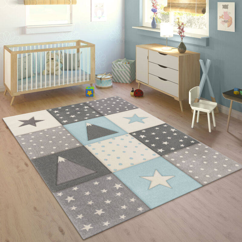 foto del prodotto tappeto per bambini colori pastello quadri punti cuori stelle bianco grigio blu 80x150 cm paco home