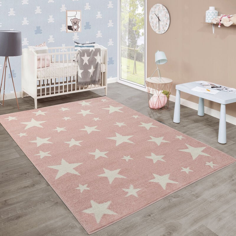 foto del prodotto tappeto per bambini moderno a pelo corto design stelle camera dei bambini pastello rosa bianco 160x220 cm paco home