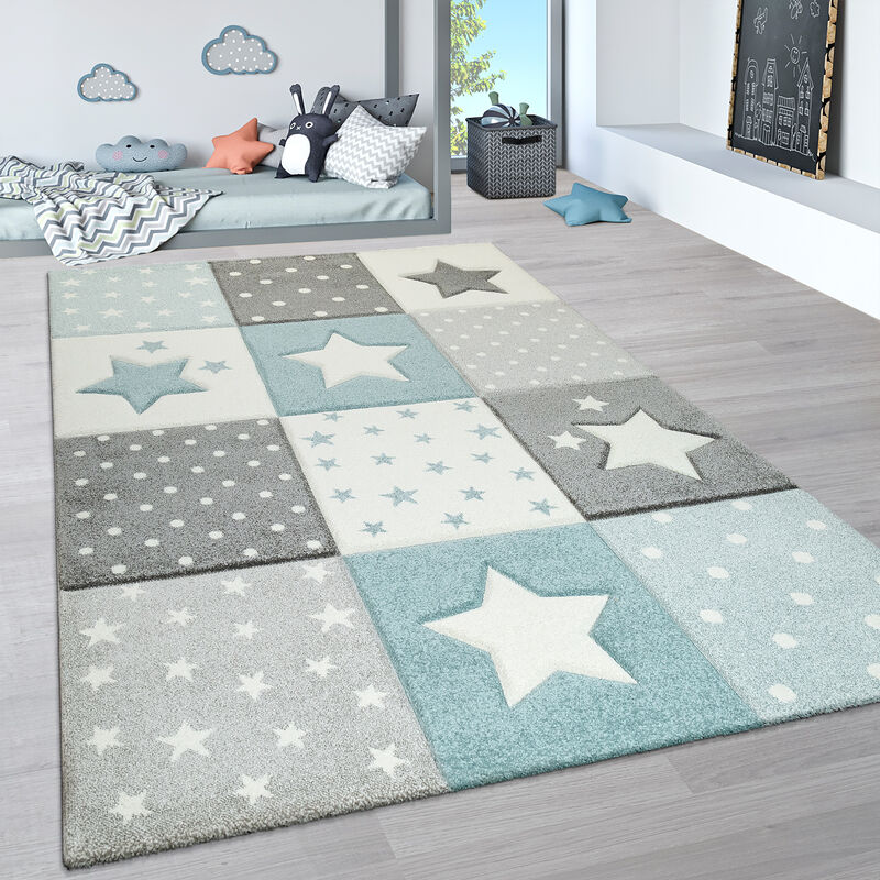 foto del prodotto tappeto per bambini per cameretta color pastello 3d di nuvole stelle arcobaleno 133 cm quadrato, blu 4 paco home