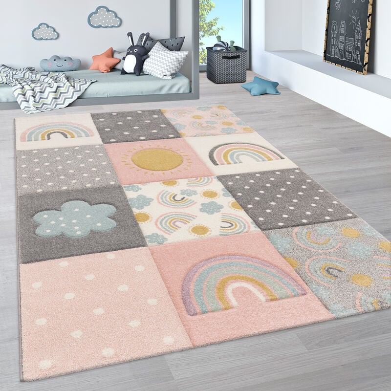 foto del prodotto tappeto per bambini per cameretta color pastello 3d di nuvole stelle arcobaleno 133 cm quadrato, multicolore paco home