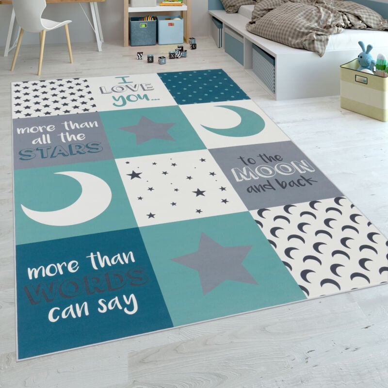 foto del prodotto tappeto per bambini stanza dei bambini maschietti cuori stelle luna detto blu grigio 80x150 cm paco home