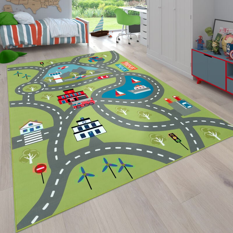 foto del prodotto tappeto per bambini, tappeto da gioco per camere dei bambini, con motivo stradale, in verde 140x200 cm paco home