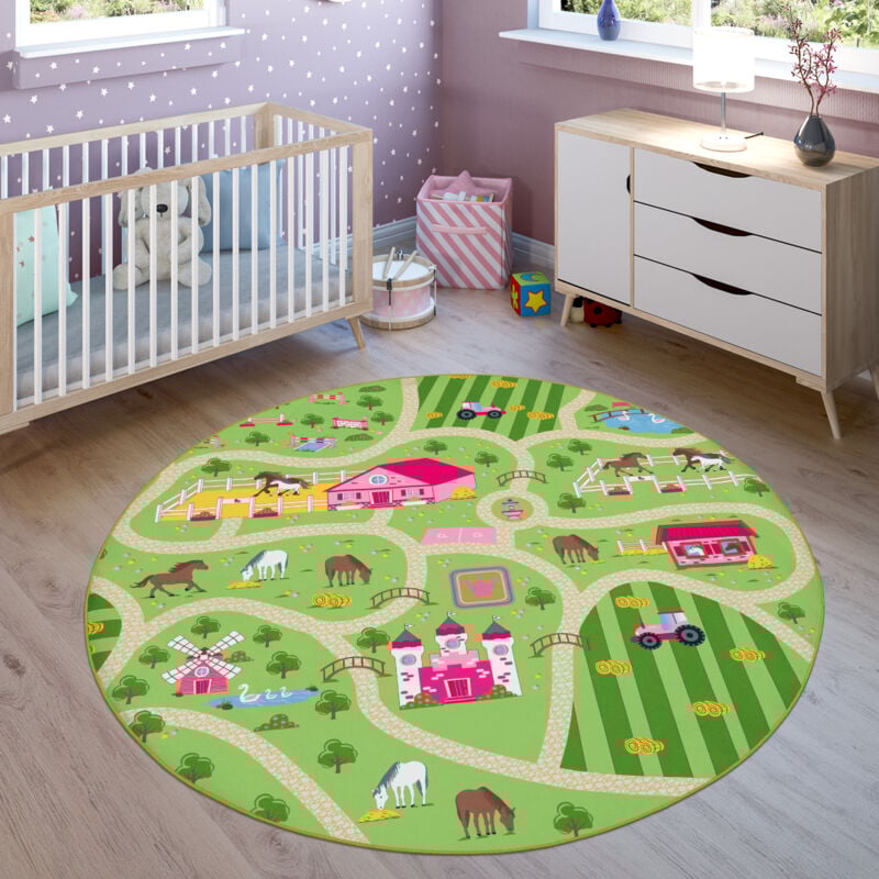 foto del prodotto tappeto per bambini, tappeto da gioco per camere dei bambini, paesaggio e cavalli, in verde 160 cm tondo paco home