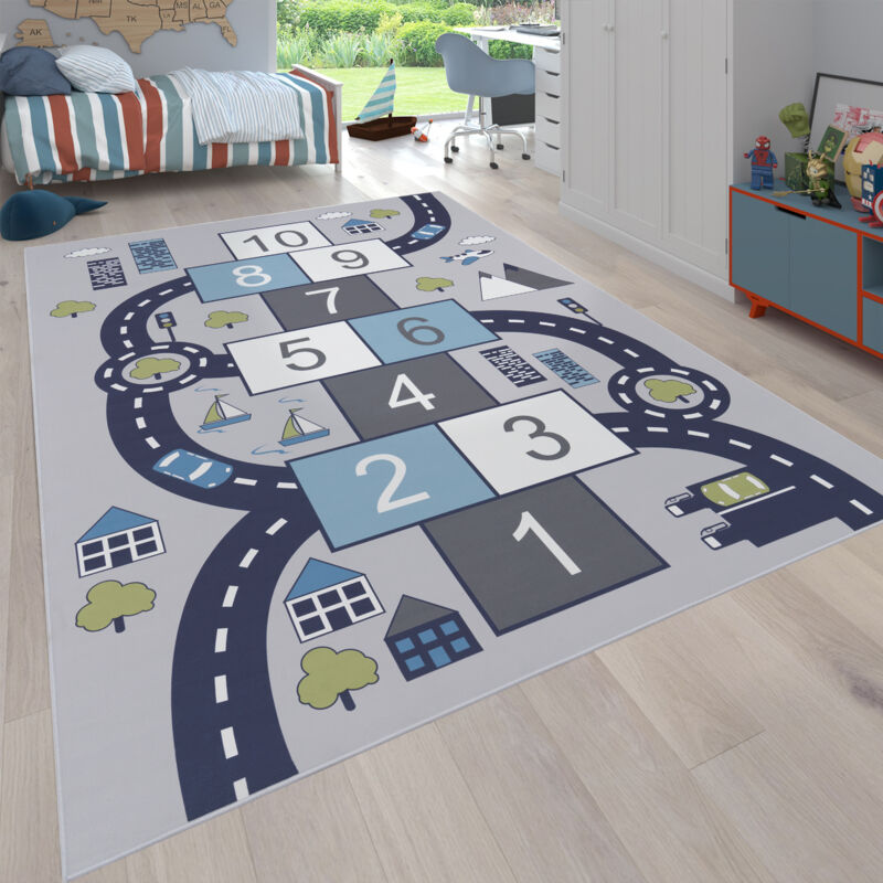 foto del prodotto tappeto per bambini, tappeto da gioco per le camere dei bambini, bouncy box e strade, grigio 140x200 cm paco home